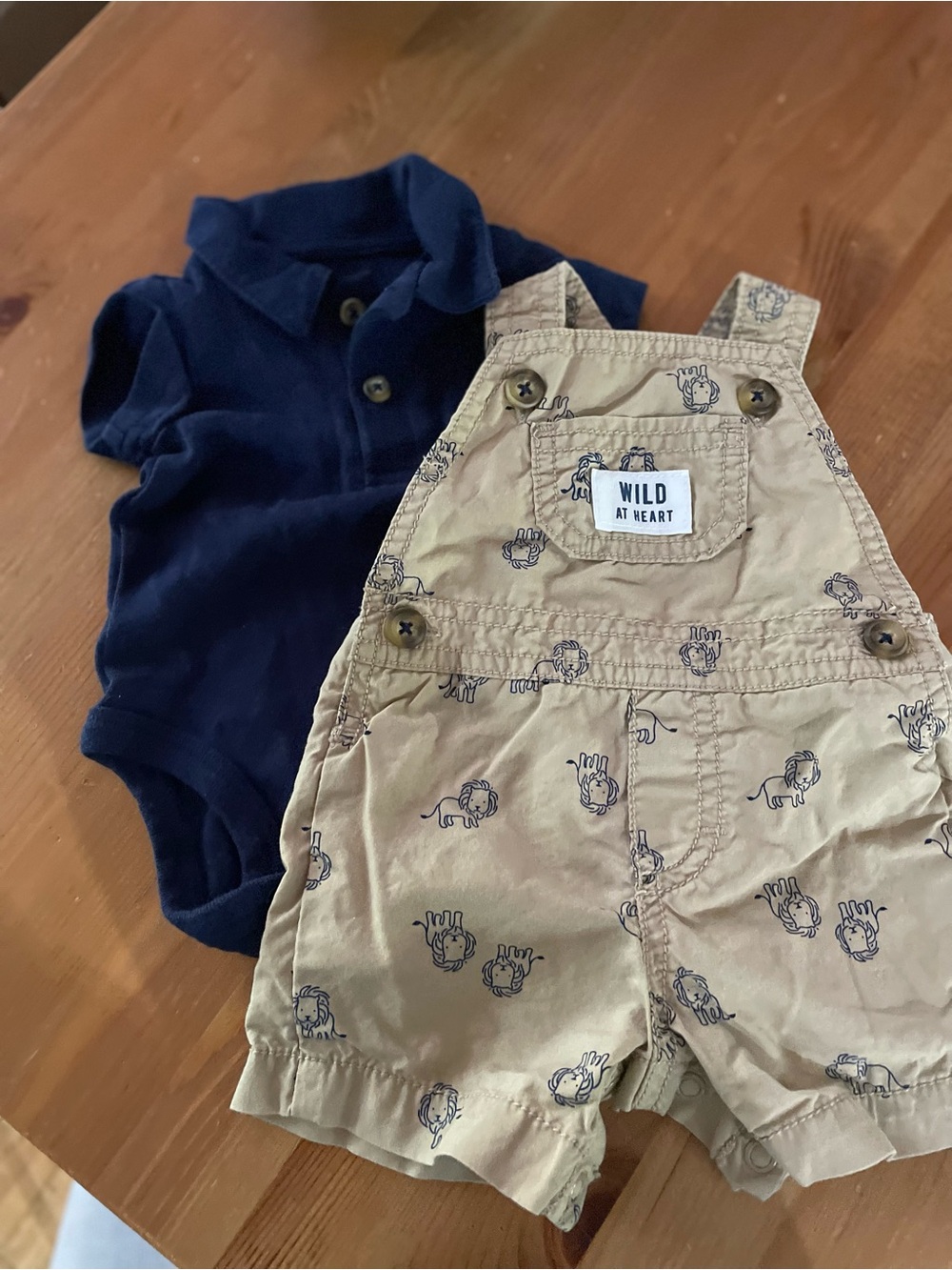 Carter's Navy Polo Bodysuit with Beige Lion-Print Short Overalls